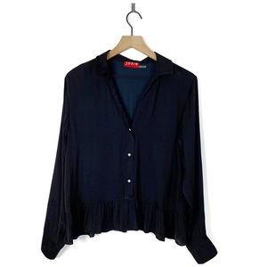 Josie Natori Black Peplum Ruffle Satin Blouse Top